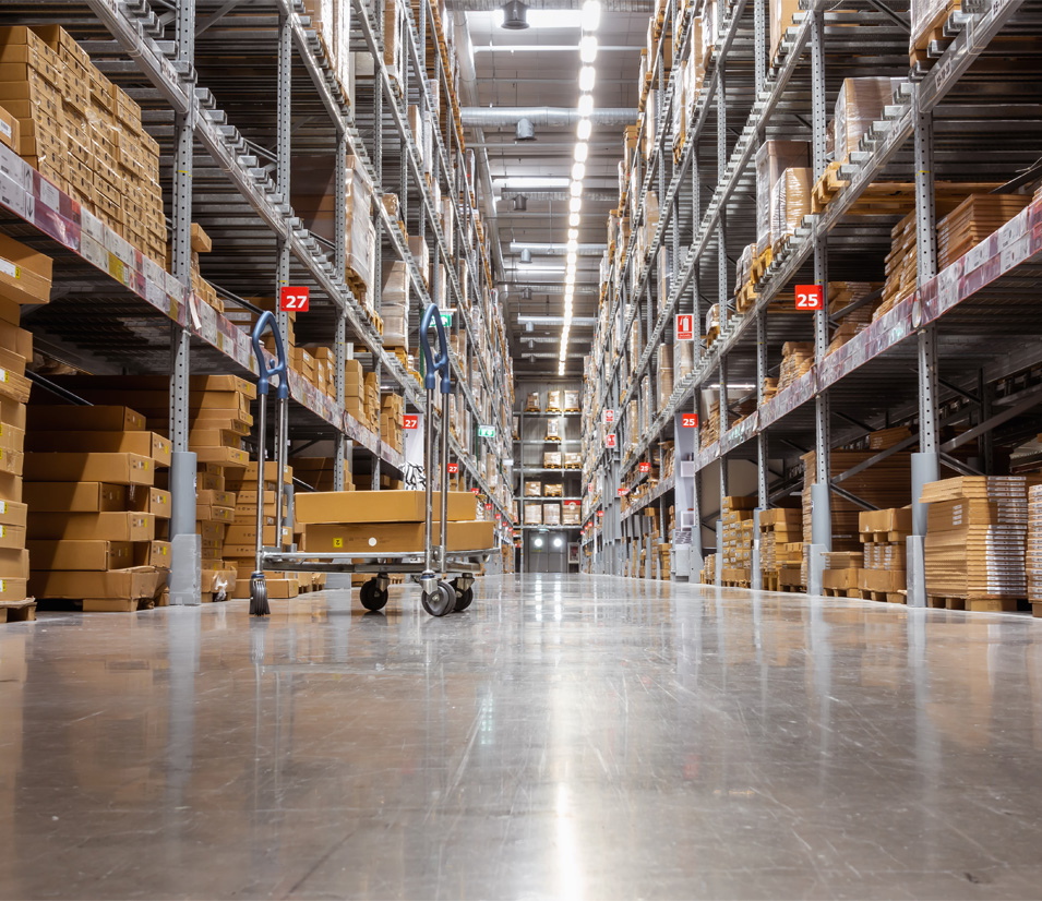 Goods on shelves in a warehouse.